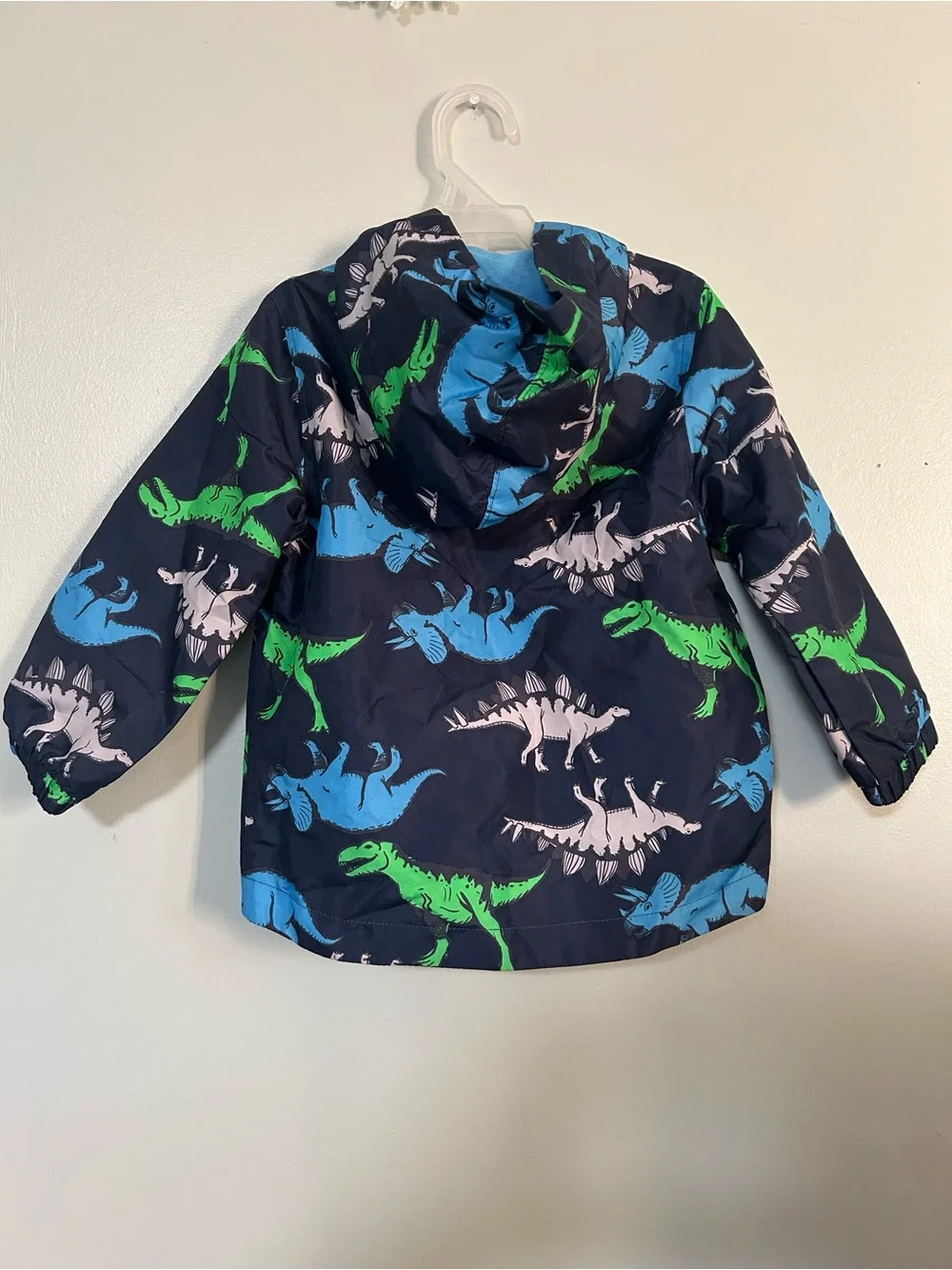 Carter's Navy Hooded Rain Jacket with Blue, Green & Gray Dinosaurs SZ 3T